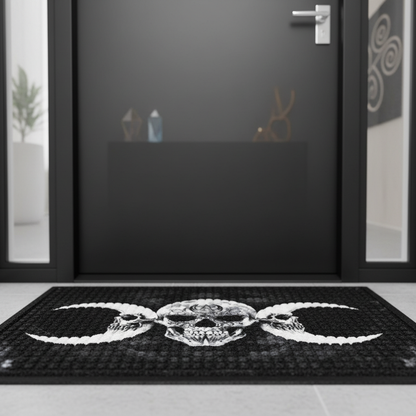 A high-resolution close-up shot of the Alchemy Doormat placed at a modern, metaphysical home’s entryway, captured with a softbox lighting setup to highlight the intricate mystical symbols etched into the doormat. The scene features a sleek, minimalist door