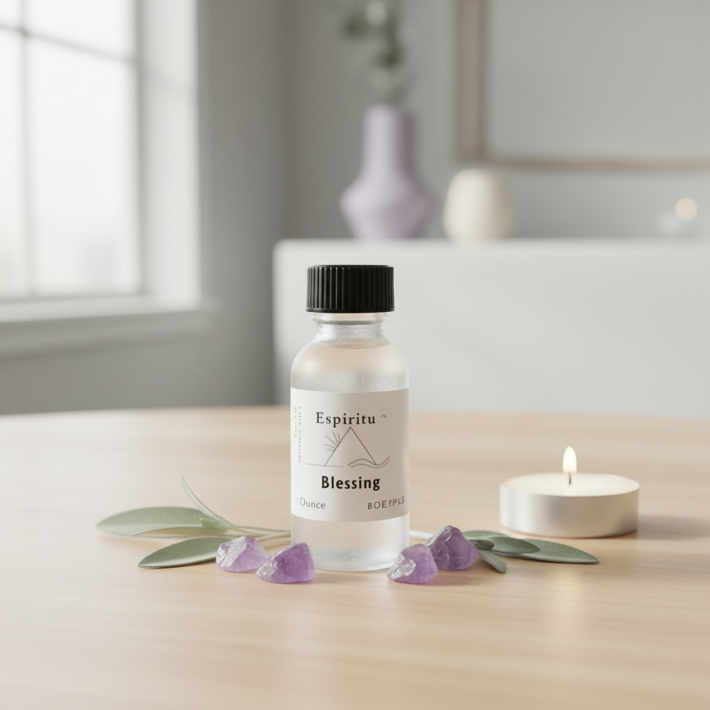 A sleek, modern tabletop scene featuring a small 1 oz bottle of All Purpose Blessing Oil, illuminated by soft diffused daylight through a large window. The bottle, made of frosted glass, is surrounded by subtle elements like crystals, sage leaves, and a sm