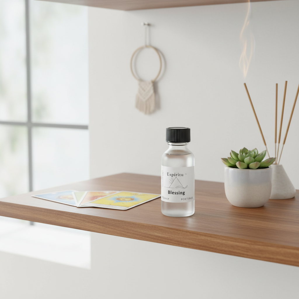 An elegant, bright interior with the All Purpose Blessing Oil bottle placed on a polished wooden shelf against a backdrop of a modern, spiritual home workspace. The scene is lit with HDR studio lighting, creating a balanced and luminous effect, emphasizing
