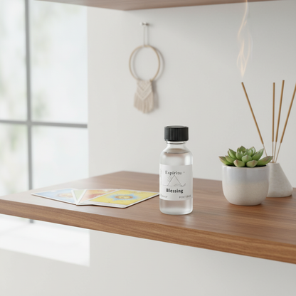 An elegant, bright interior with the All Purpose Blessing Oil bottle placed on a polished wooden shelf against a backdrop of a modern, spiritual home workspace. The scene is lit with HDR studio lighting, creating a balanced and luminous effect, emphasizing