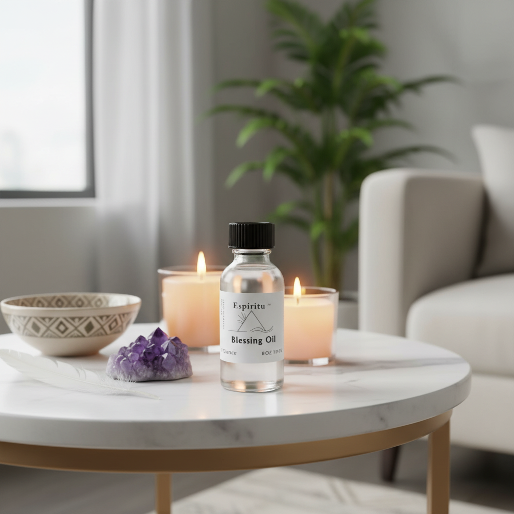 A serene, metaphysical corner of a modern living room, featuring a close-up shot of the All Purpose Blessing Oil bottle placed on a white marble side table. The scene is flooded with natural daylight, accentuating the textures of the frosted glass and the 