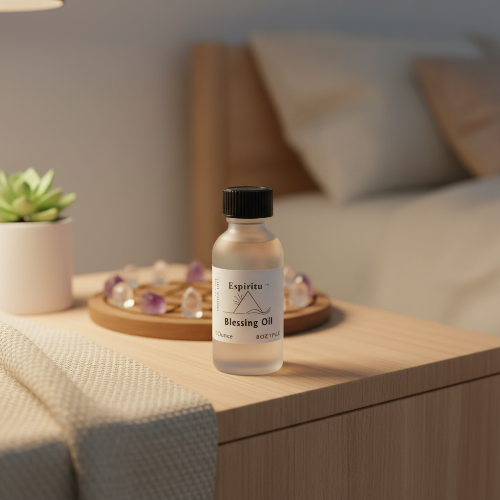 A beautifully styled, modern metaphysical home sanctuary with the All Purpose Blessing Oil prominently displayed on a softly lit bedside table. The scene is shot with rim lighting to emphasize the contours of the frosted glass bottle, creating a halo effec