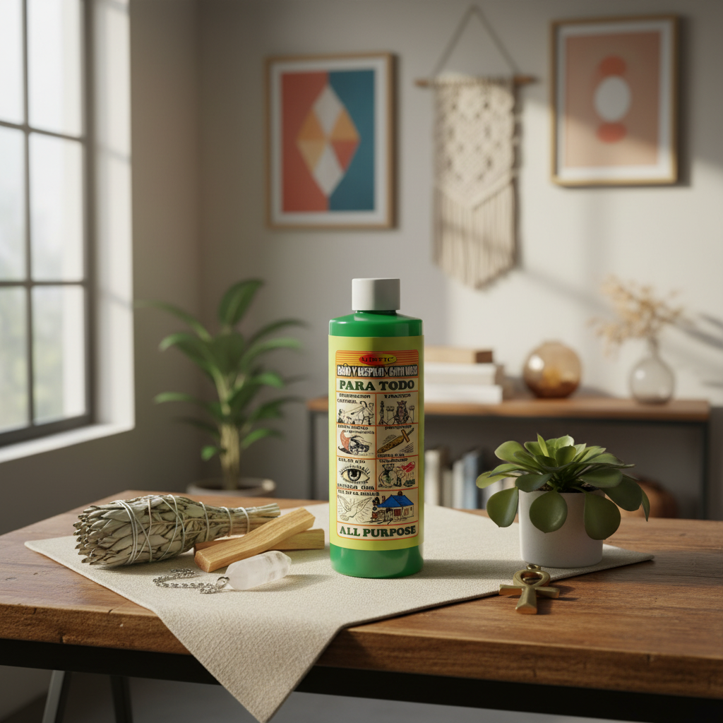 A lifestyle scene showcasing the All Purpose Ritual Wash 8oz placed elegantly on a wooden ritual table within a modern, airy metaphysical space. Natural daylight streams through a large window, illuminating the scene with a warm, calming glow. The product 