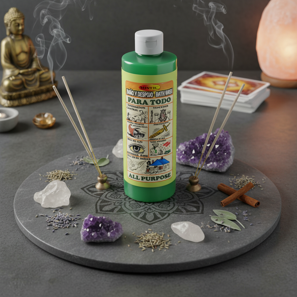 An overhead shot of the 8oz All Purpose Para Todo Wash bottle resting on a sleek, polished stone surface within a contemporary metaphysical home. Surrounding the bottle are ritual symbols like mandalas, crystals, and incense sticks, artistically arranged f