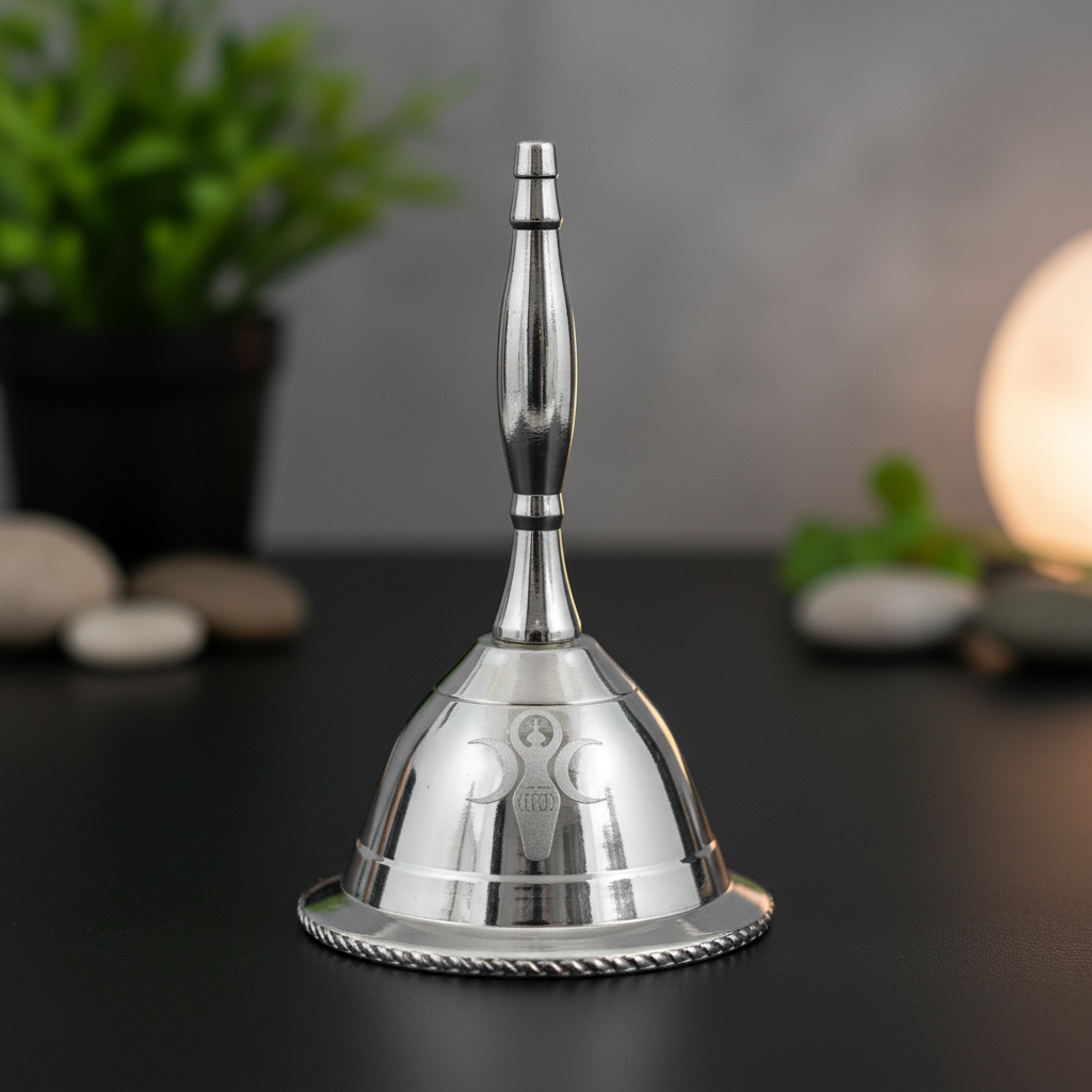 A close-up shot of the Altar Bell with Goddess of Earth Design, expertly lit with softbox lighting to bring out the intricate engraved patterns of the goddess figure. The bell, made of polished bronze with a textured surface, is centered on a sleek black m