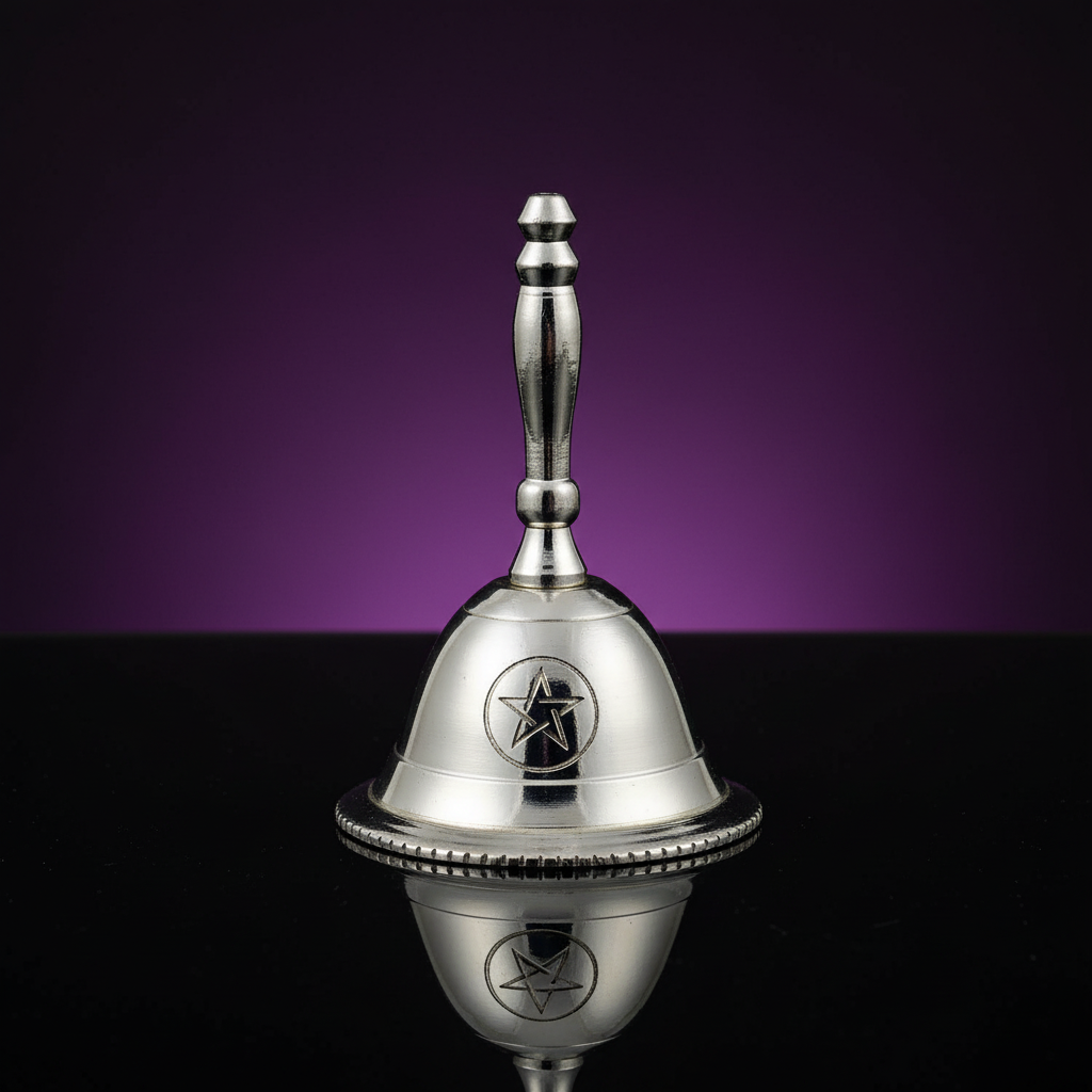 Elegant product display of the Altar Bell with Pentagram Design, 2 1/2 inches, mounted on a sleek, reflective surface in a professional studio environment. Utilizes softbox lighting to create even, bright illumination that enhances the metallic sheen of th