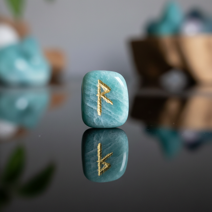 A detailed macro shot of a single Amazonite Rune from the set, isolated on a reflective glass surface. The lighting setup uses diffused daylight to showcase the stone’s natural translucency, subtle veining, and polished finish, with shadows adding depth. T