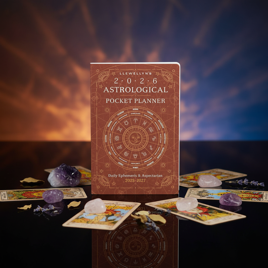 A dynamic studio shot of the 2026 Astrological Pocket Planner standing upright on a reflective black surface, surrounded by small symbolic objects like tarot cards, stones, and leaves. Rim lighting from the sides creates a halo effect around the planner, a