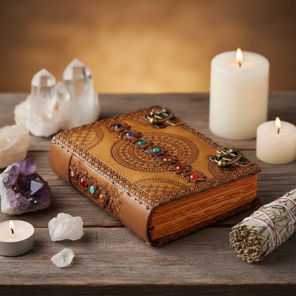 Close-up product photography of the 'Aged 7 Chakra Leather Journal with Latch' placed on a rustic altar adorned with crystals, candles, and sage, illuminated with HDR studio lighting to showcase the detailed leather grain and embossed chakra symbols. The i