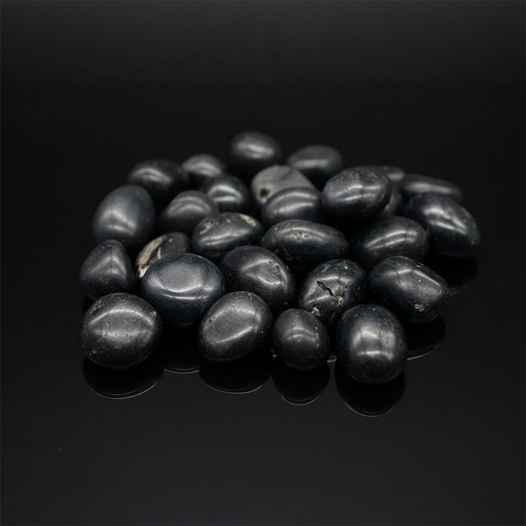 Capture a close-up, high-resolution image of a pile of Agni Manitite Tumbled Stones, 1 lb, 20-22mm diameter, spread out naturally on a sleek, reflective black surface. Use HDR studio lighting with soft diffused daylight balance to highlight the smooth, rou