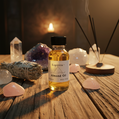 A cinematic, studio-lit image of the almond oil bottle placed on a rustic wooden table, surrounded by metaphysical tools such as crystals, sage, and incense sticks. The setup is illuminated with HDR studio lighting to bring out the rich textures of the woo