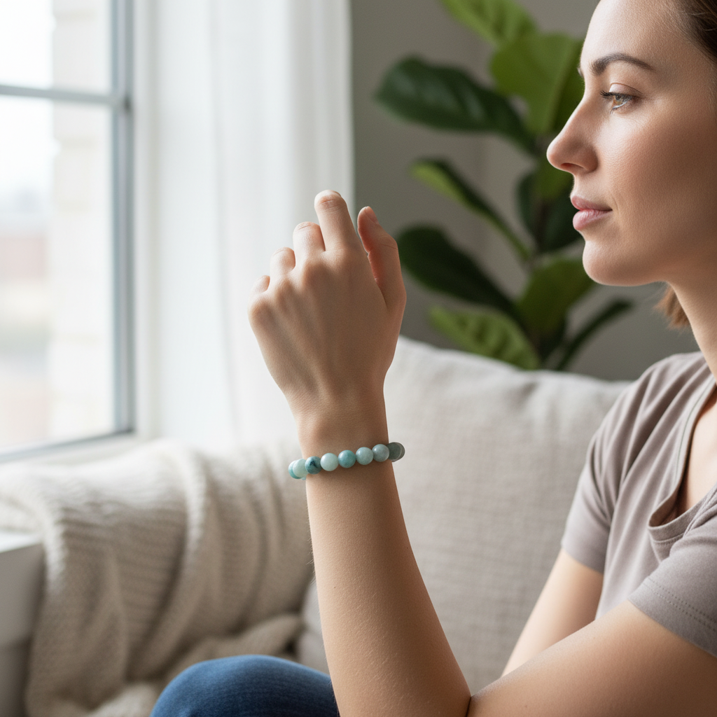 An artistic, conceptual image featuring a modern spiritual model sitting by a window with soft, natural daylight illuminating the scene. The model is gently holding their wrist up, prominently displaying the Amazonite bracelet, 8mm, with a serene expressio