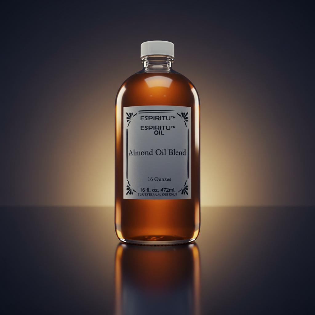 A cinematic macro shot featuring the Almond Oil Blend bottle on a dark, reflective surface under HDR studio lighting. The camera is set at a low angle, with a 100mm macro lens, capturing the intricate texture of the oil’s smooth, amber-colored liquid insid