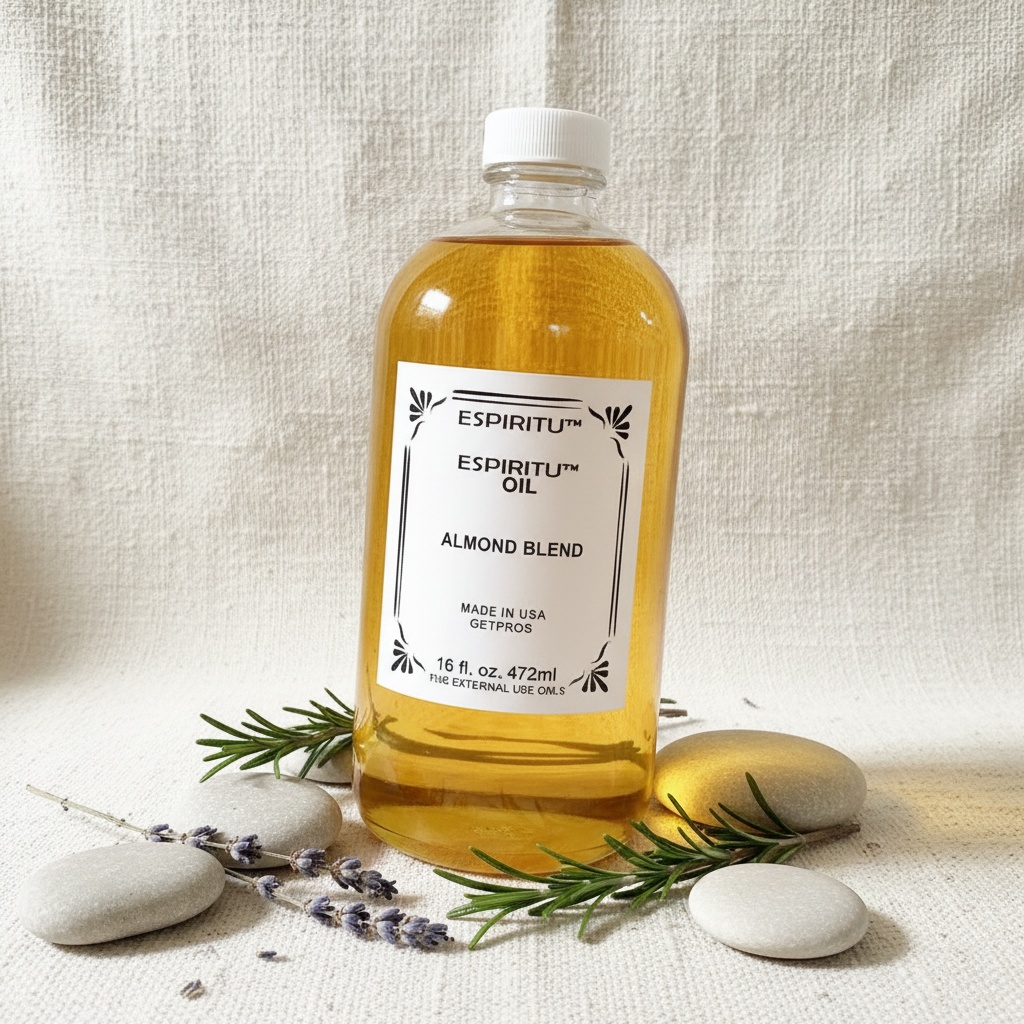 A sophisticated product photograph on a neutral, textured background with controlled softbox lighting. The Almond Oil Blend bottle is centered, with a slight tilt to showcase the label clearly. The scene includes elegant, minimal adornments such as stones 