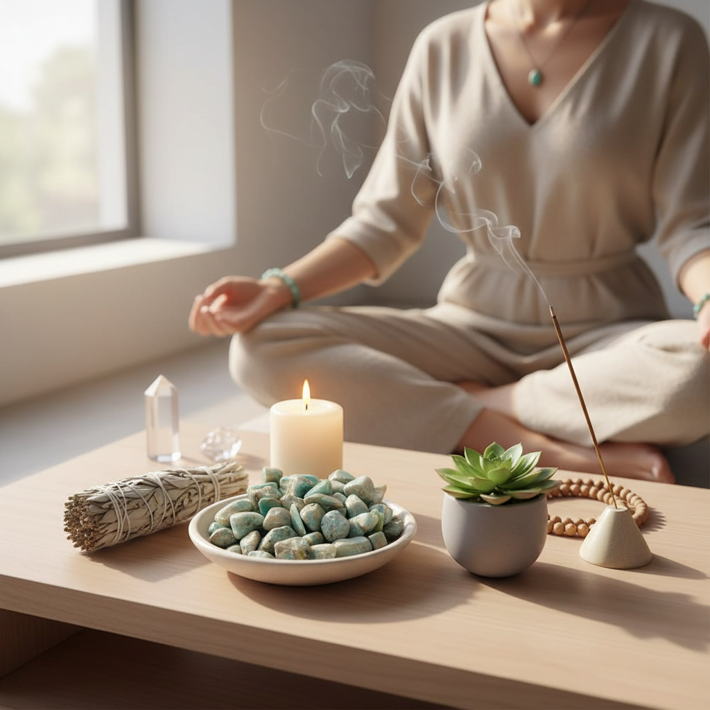 A lifestyle scene featuring a serene, modern meditation space with a light, airy atmosphere. The Amazonite Tumbled Stones are arranged in a small, elegant dish on a wooden altar table beside a lit candle, a sage bundle, and a plant. The scene is shot from 