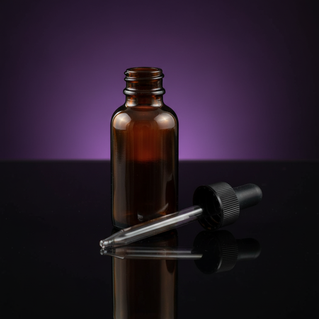 A high-resolution studio shot of the Amber Bottle With Dropper, 1 Oz, placed on a sleek, dark reflective surface under softbox lighting. The bottle is illuminated to highlight its warm amber glass texture, with a focus on the smooth, rounded contours and t