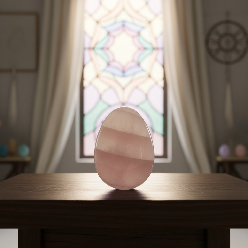 A close-up shot of a 2-inch gemstone egg, illuminated by soft, diffused daylight streaming through a textured stained glass window, set on a polished wooden altar with subtle reflections. The background features an elegant, modern sacred space with calming