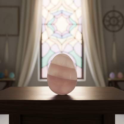A close-up shot of a 2-inch gemstone egg, illuminated by soft, diffused daylight streaming through a textured stained glass window, set on a polished wooden altar with subtle reflections. The background features an elegant, modern sacred space with calming