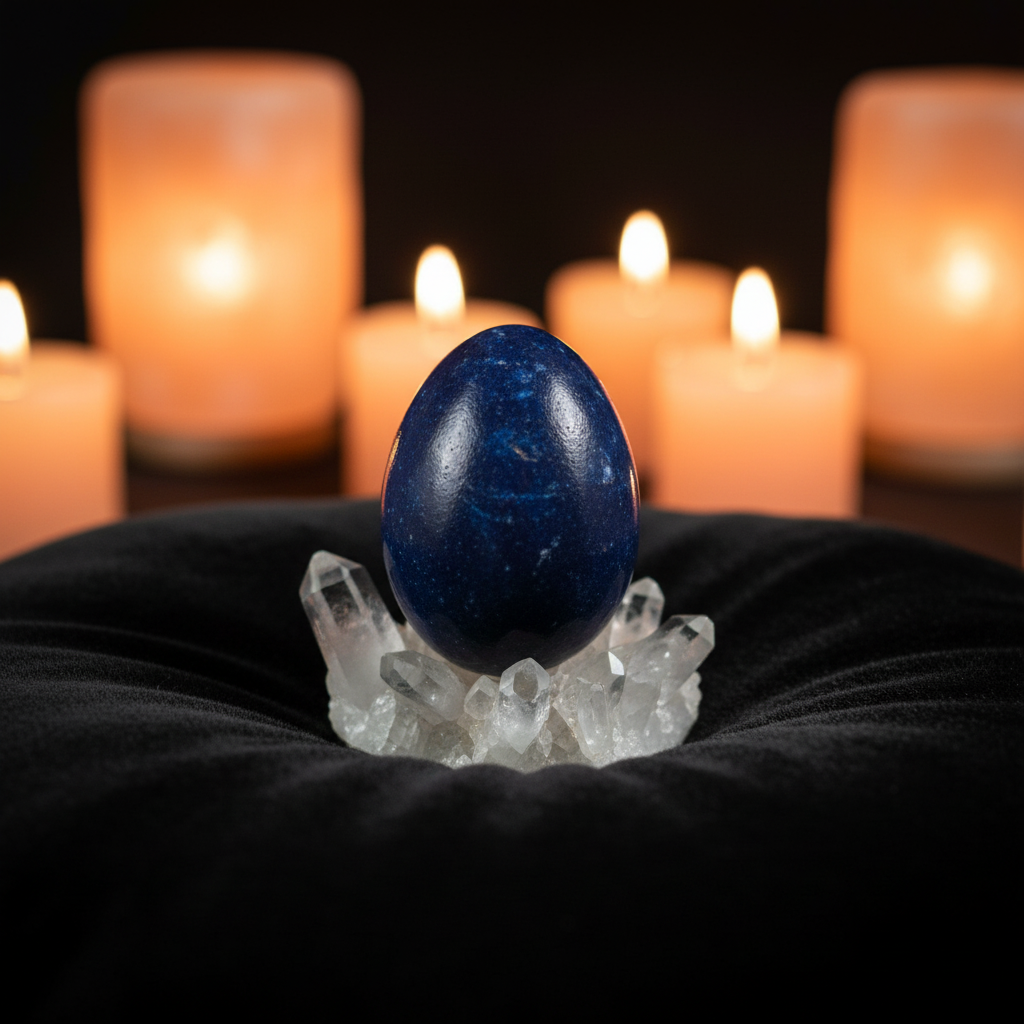 A studio shot of a 2-inch gemstone egg resting atop a crystalline quartz cluster on a sleek black velvet cushion in a sacred meditation space. The scene uses HDR studio lighting to highlight the gem’s rich colors and internal clarity, with a background of 