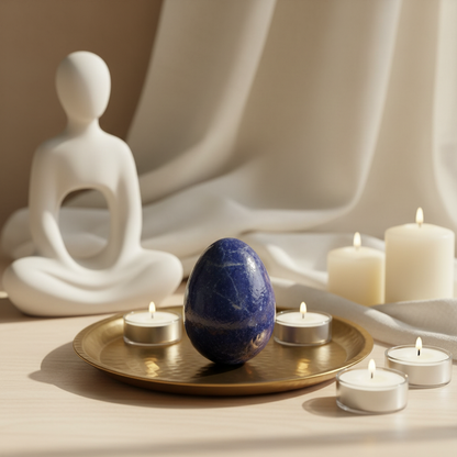 A minimalist studio setting showing a 2-inch gemstone egg positioned on a brass altar tray with a backdrop of soft, creamy textiles, delicate candles, and a meditative statue. The lighting is a combination of diffuse daylight and gentle rim lights that car