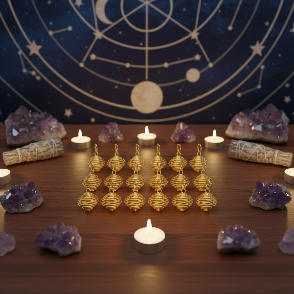 A wide-angle shot of a metaphysical home altar featuring a set of 24 gold plated coils displayed in a symmetrical arrangement atop a polished wooden surface. The coils are surrounded by small white candles, sage bundles, and amethyst clusters, all bathed i