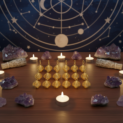 A wide-angle shot of a metaphysical home altar featuring a set of 24 gold plated coils displayed in a symmetrical arrangement atop a polished wooden surface. The coils are surrounded by small white candles, sage bundles, and amethyst clusters, all bathed i
