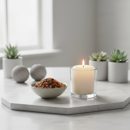 A tranquil, sacred home environment arranged with natural elements, showcasing the 3 Kings Resin Incense placed on a smooth, white marble altar with a soft glow from a nearby candle. The scene is shot from a slightly elevated camera angle with a 50mm lens,