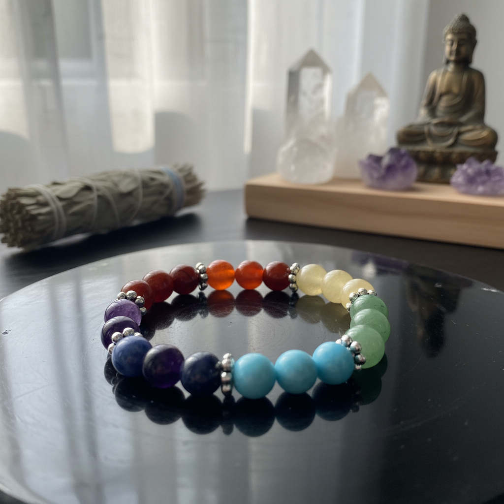 A close-up shot of the 7 Chakra Flower Bracelet, meticulously handcrafted with 8mm beads, laid on a smooth, dark obsidian surface within a serene metaphysical home setting. The scene is illuminated with softbox lighting that highlights the vibrant colors o