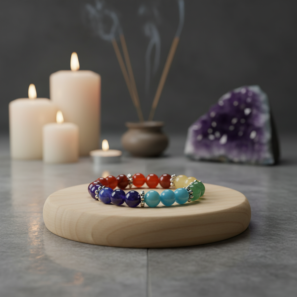 A professional studio shot of the 7 Chakra Flower Bracelet displayed on a circular wooden pedestal, within a sacred space styled as a modern meditation room. The bracelet’s 8mm beads catch a rim light source to accentuate their smooth, glossy surfaces, rev