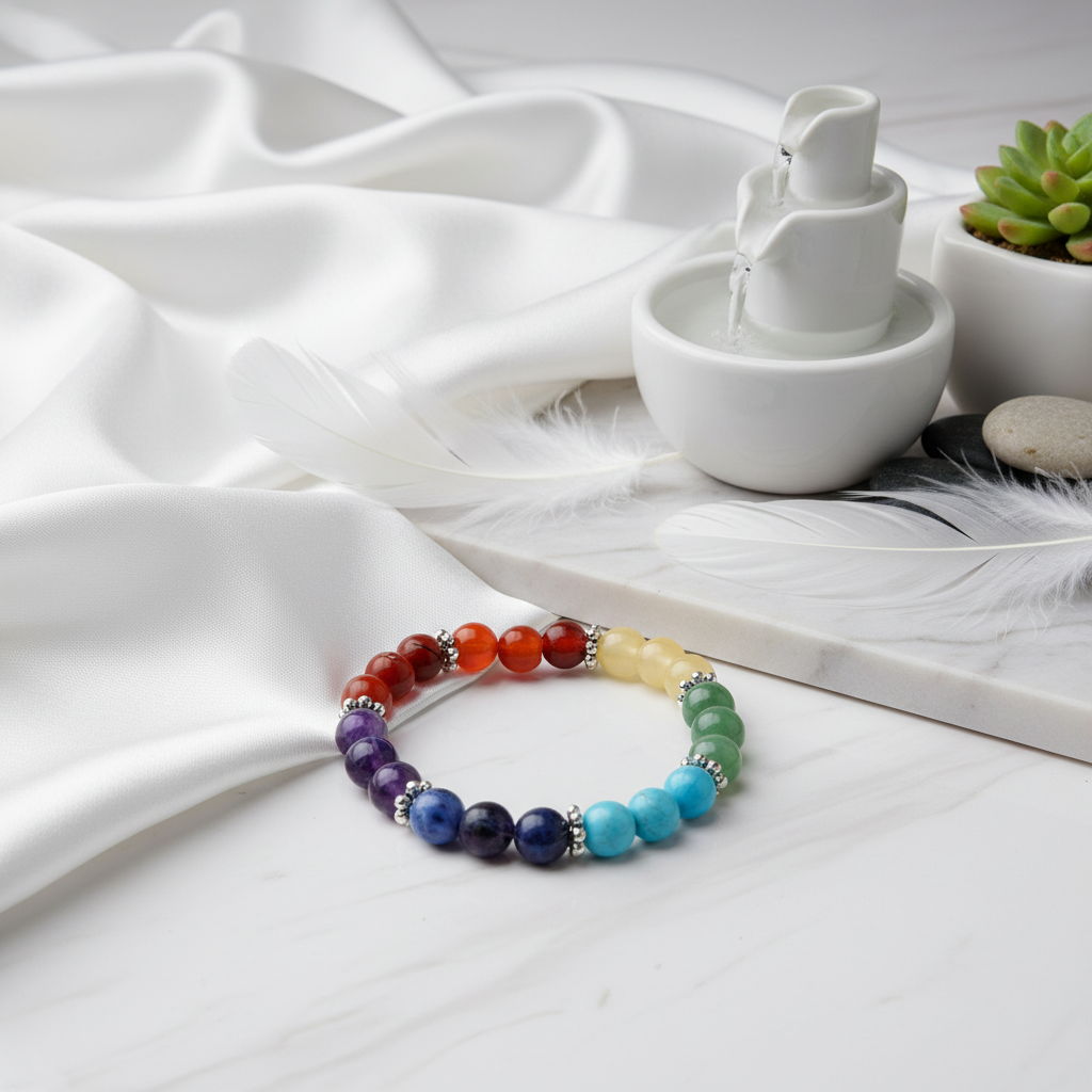 A wide-angle, high-resolution image of the 7 Chakra Flower Bracelet draped elegantly on a white silk cloth inside an elevated sacred space designed for energy work. This scene uses HDR studio lighting to evenly illuminate the beads, emphasizing their smoot