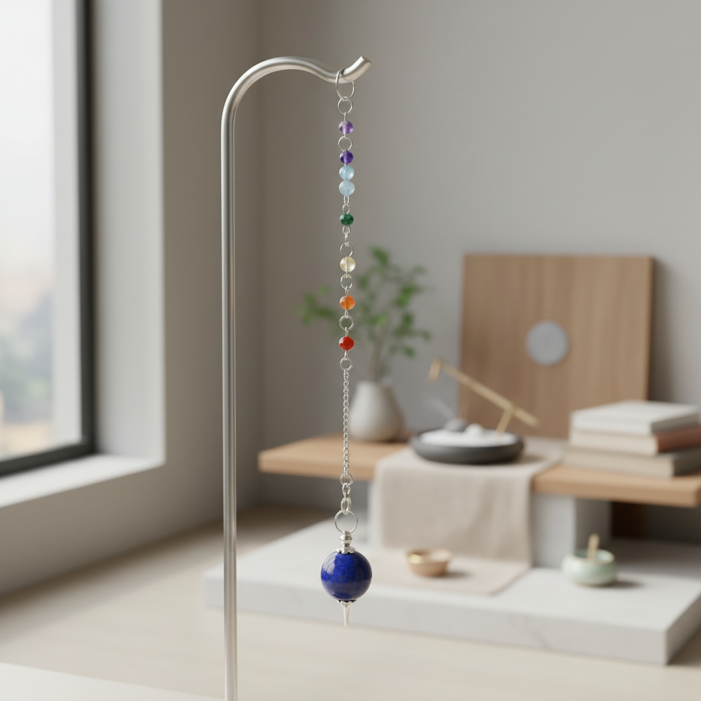 A serene and modern spiritual home interior lit with soft diffused daylight, featuring a minimalist sacred space with natural wood and stone textures, where a 7 Chakra Assorted Ball Pendulum is delicately suspended from a sleek, slender metal stand. The sc