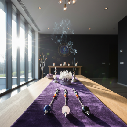 A luxurious, contemporary spiritual space featuring a high-ceiling living room with large, crystal-clear windows allowing bright, natural HDR studio lighting. The focus is on a finely crafted 12-foot long sacred space with a central table adorned with a sm
