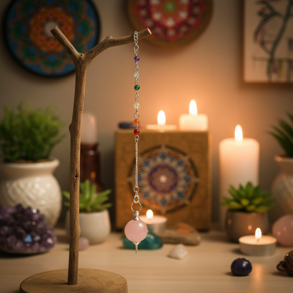 A cozy, intimate metaphysical home setting with warm ambient lighting, featuring a small altar corner decorated with mandalas, candles, and plants. The 7 Chakra Assorted Ball Pendulum hangs gracefully from a slender chain attached to a rustic wooden stand,