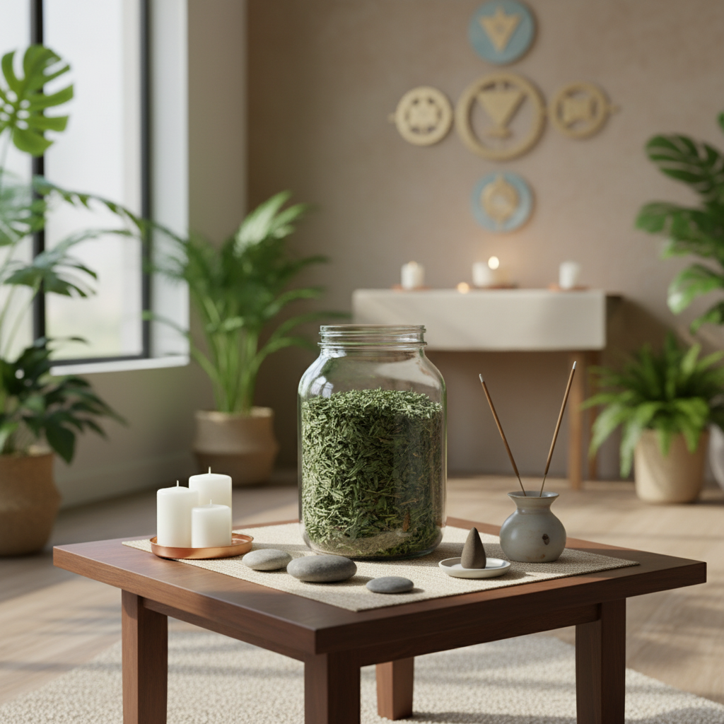 A modern, meditative meditation corner set within a lush, green plant-filled room bathed in natural daylight, with a focus on a small ritual table made of dark wood. The table holds meticulously arranged dried alfalfa leaves alongside ritual implements lik