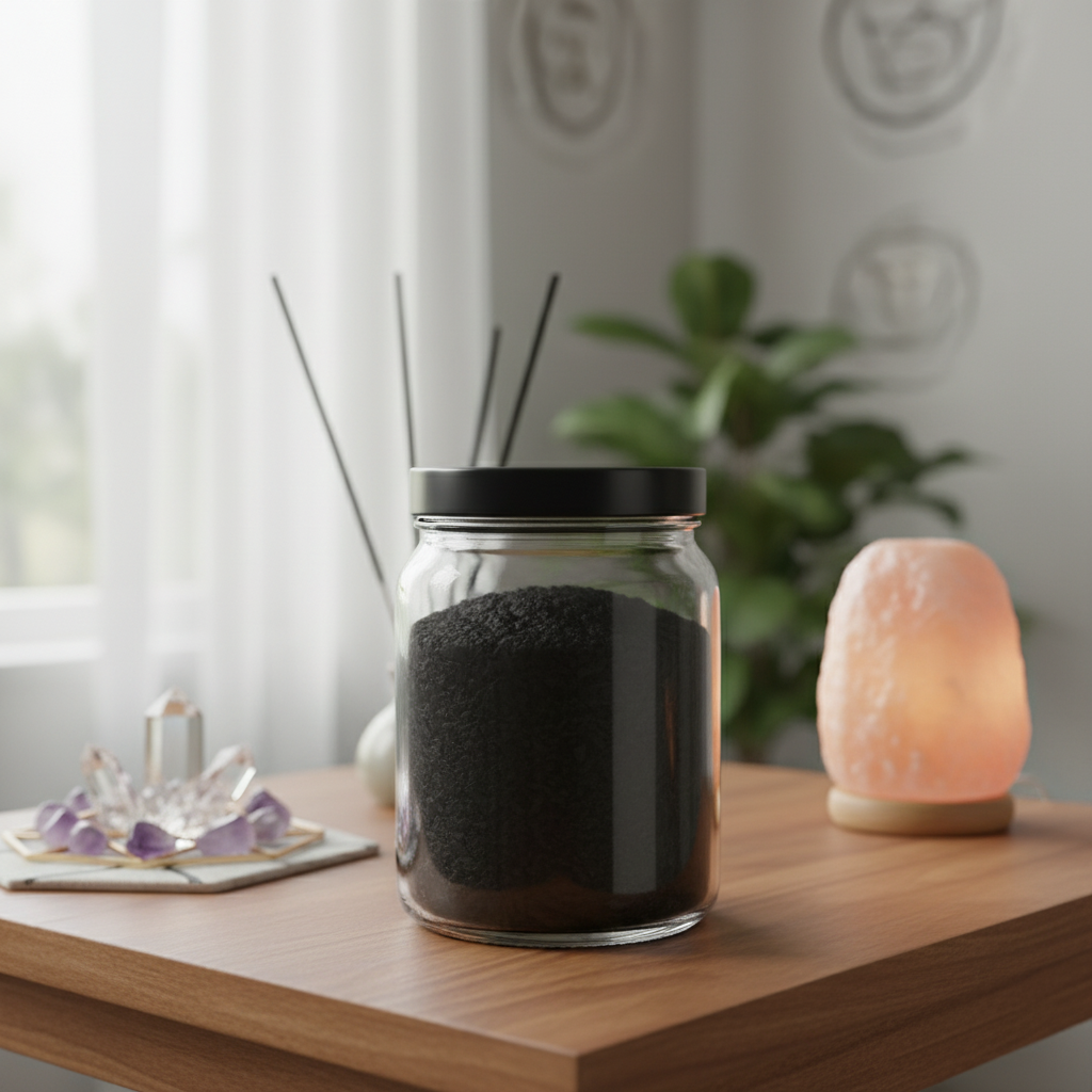 A close-up shot of a 1 lb jar of activated charcoal powder, beautifully displayed on a wooden altar within a serene, modern spiritual home. The scene is lit with soft, diffused daylight filtering through sheer curtains, emphasizing the deep black, matte te