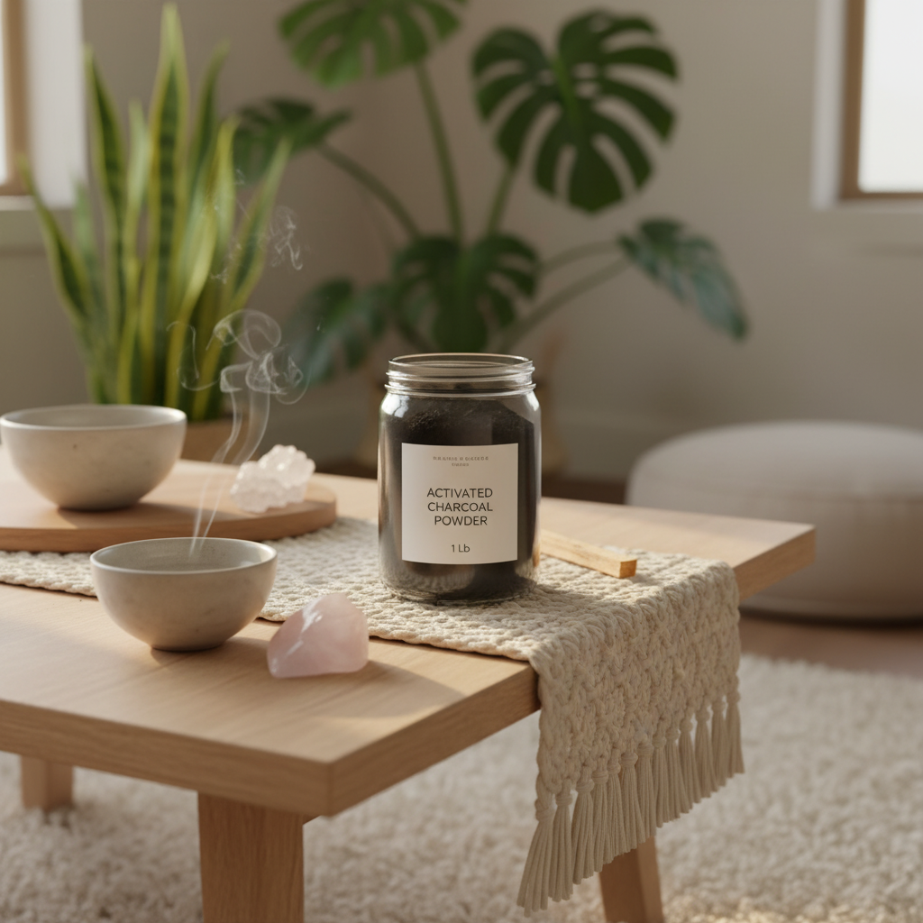 A lifestyle scene inside a contemporary spiritual home, showing a 1 lb jar of activated charcoal powder on a meditation table bathed in warm, natural sunlight. The scene is styled with a minimalist aesthetic—ceramic bowls, a few quartz points, and a palo s