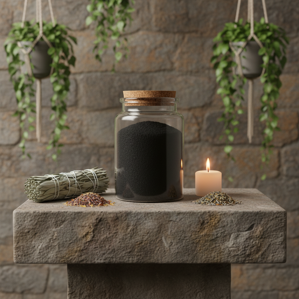 A wide-angle shot of a modern ascetic sanctuary featuring a 1 lb container of activated charcoal powder on a stone altar. Overhead studio lighting creates an even, diffused glow that highlights the powder’s fine texture and matte finish. Surrounding the ja