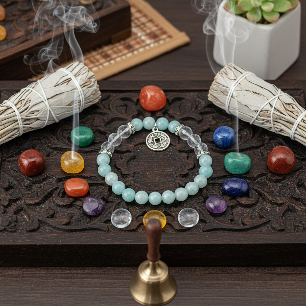 An artistic overhead view of the Amazonite Quartz Bracelet with Chinese Coin, 8mm, displayed on a carved wooden altar adorned with ritual objects such as sage bundles, chakra stones, and a small brass bell. The scene is lit using studio daylight balanced l
