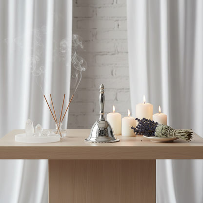 A detailed, vertically framed shot of the Triple Moon Altar Bell in an elegant, minimalist altar setup in a true sacred space within a modern home. The bell stands prominently at the center, illuminated by HDR studio lighting that emphasizes its rich, aged