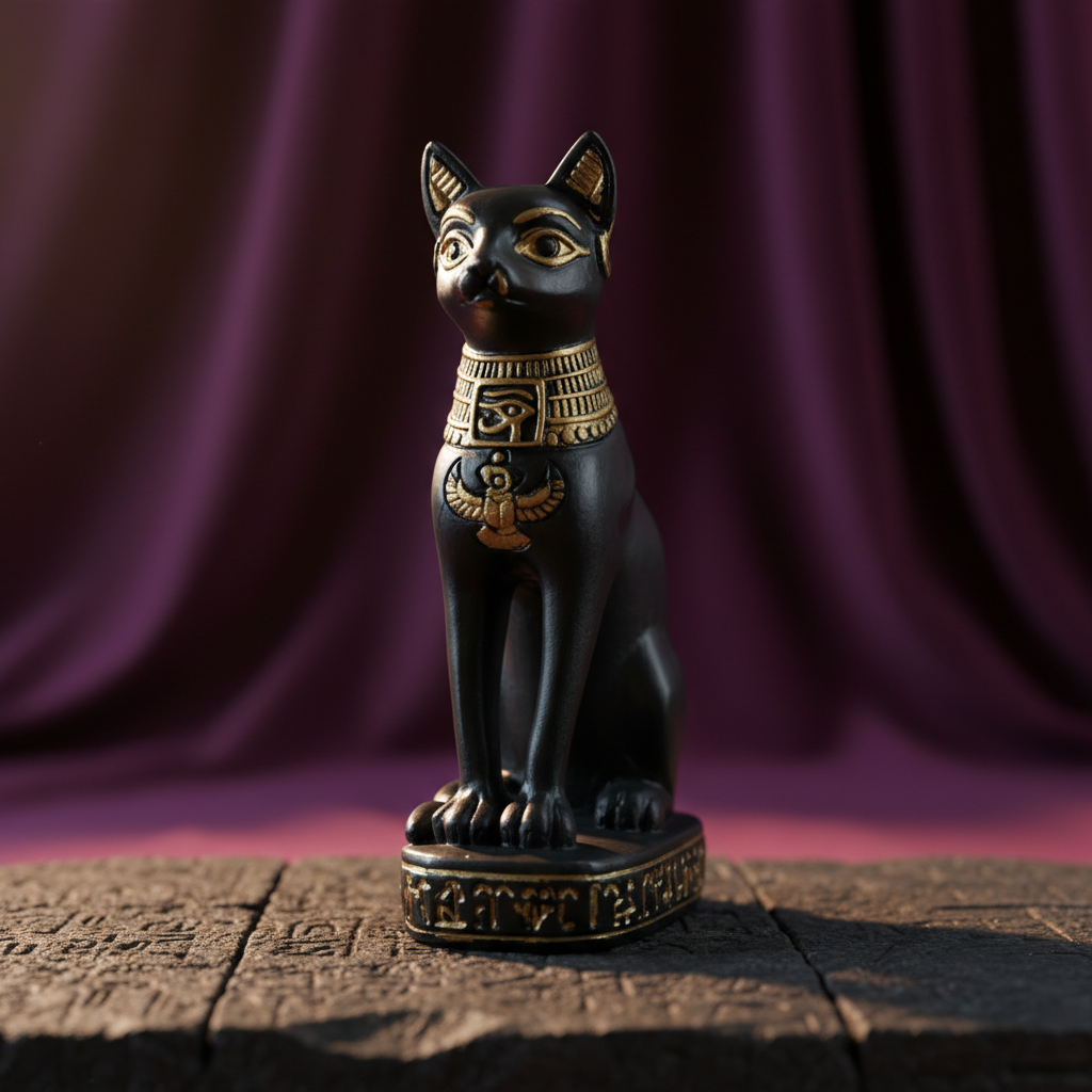 Create a highly detailed, cinematic studio shot of the Bastet Egyptian Statue, commanding a sense of mystical authority and ancient elegance. Use softbox lighting with HDR studio lights, emphasizing the smooth satin black resin material with subtle gold ac
