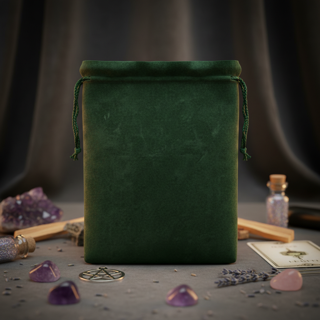 Create a high-resolution, cinematic studio shot of a green velveteen protection pouch, 5 x 7 inches, captured from a slightly elevated angle to showcase its soft, plush texture and secure drawstring closure. Use softbox lighting to emphasize the luxurious 