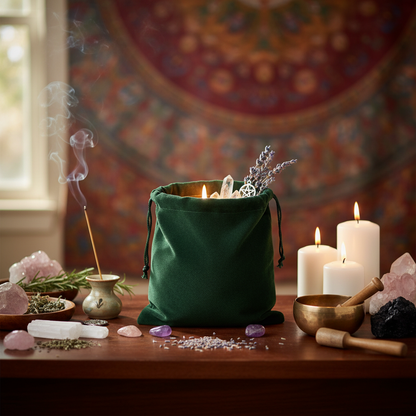 Depict a styled, lifestyle scene of a spiritual healer’s workspace, with the velveteen bag prominently displayed on a polished wooden altar, surrounded by ritual tools like candles, crystals, and incense. Use diffused daylight and HDR studio lighting to hi