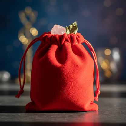 Capture a close-up, high-resolution image of the Red Velveteen Bag, showcasing its soft, plush velveteen fabric texture with a warm, inviting glow from softbox lighting. Set against a subtly blurred mystical background with gentle bokeh effects, emphasizin