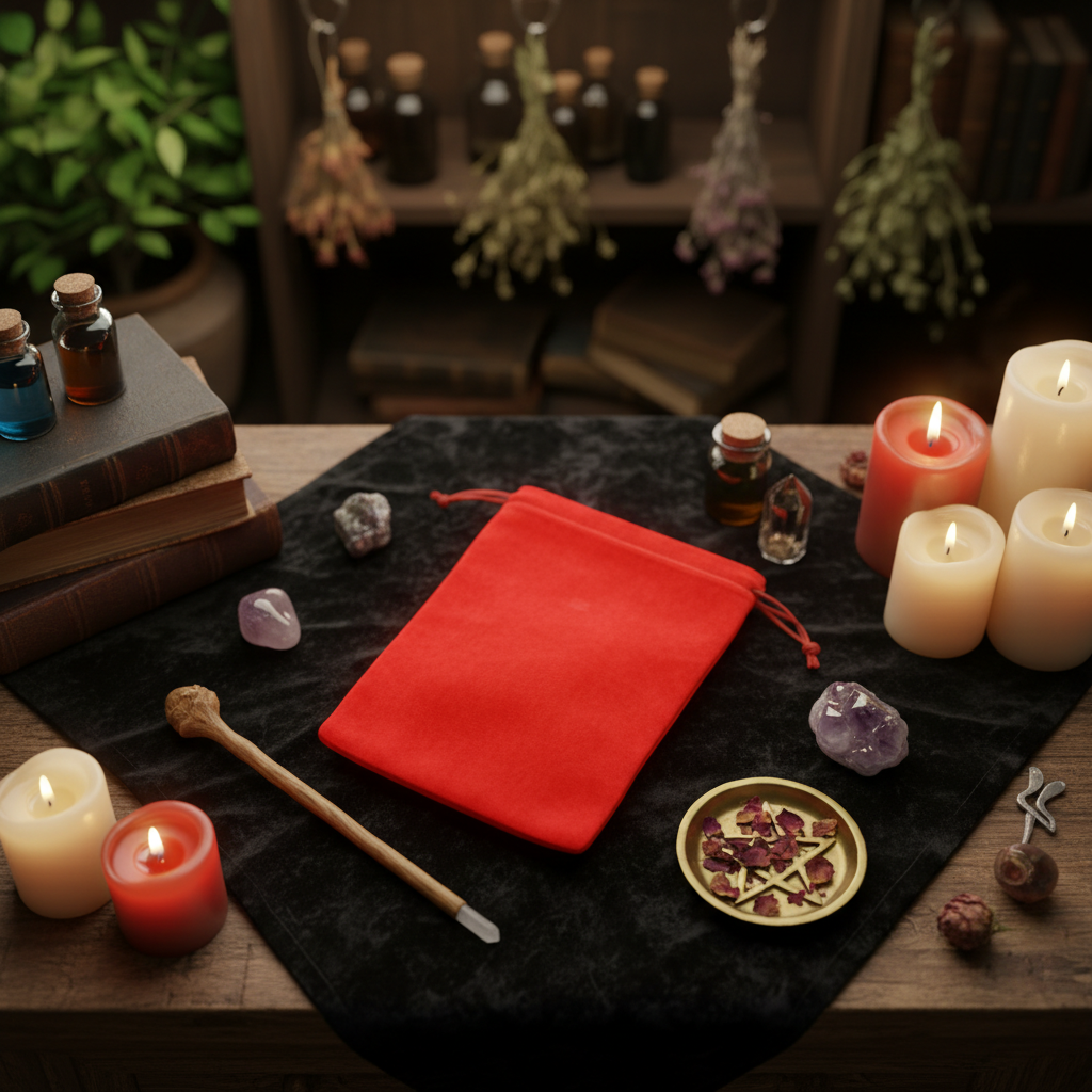 Show a lifestyle scene featuring the velveteen bag resting on a dark velvet cloth atop an altar adorned with candles, crystals, and ritual tools. Use HDR studio lighting with soft rim lights to enhance the luxurious texture and vibrant red hue of the fabri