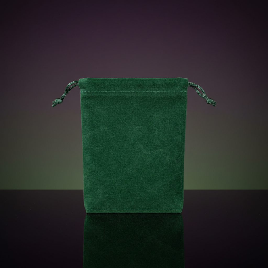 Capture a highly detailed studio shot of the Green Velveteen Bag, 4' x 5 1/2', positioned prominently on a reflective black surface to highlight its plush velveteen texture and rich, lush appearance. Use softbox lighting from above and to the side, creatin