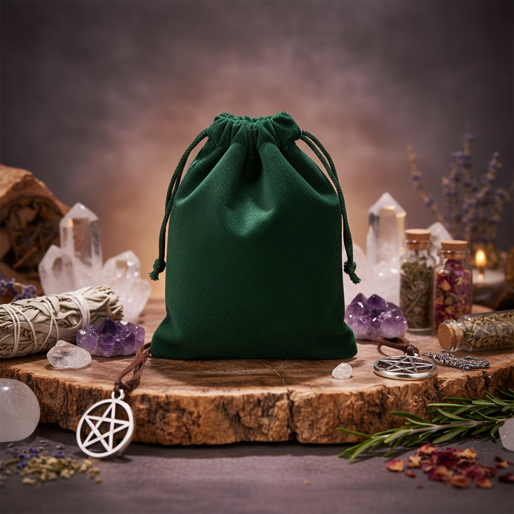 Visualize the Green Velveteen Bag in a serene, ritualistic scene, set within a softly lit, mystical altar environment. Position the bag center stage, slightly elevated on a textured wooden surface, surrounded by symbolic artifacts such as crystals, charms,