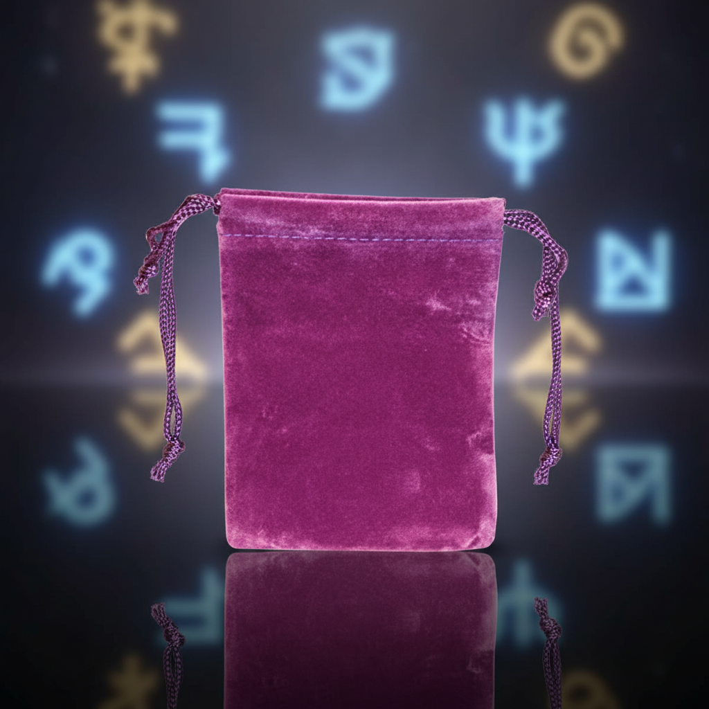 A luxurious studio scene capturing a Purple Velveteen Bag, measuring 3' by 4', positioned on a sleek, reflective black surface that accentuates its deep, mystical hue and plush velveteen texture. The bag is illuminated by soft, diffused HDR studio lighting