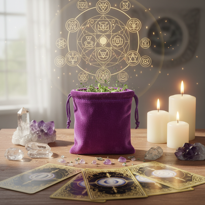 A calm, ceremonial scene set in a softly lit, meditational atmosphere showcasing the Purple Velveteen Bag, 3' by 4', positioned centrally on a natural wooden altar adorned with ritual tools such as crystals, candles, and divination cards. The bag rests top