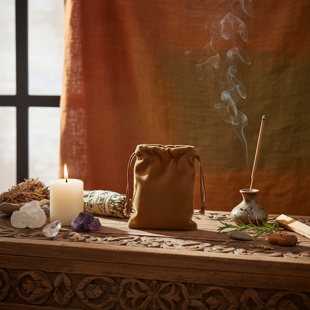 Design a styled, lifestyle scene featuring the Brown Velveteen Bag inside a sacred space designed for rituals. Place the bag on a wooden altar surface with candles, crystals, and incense around it, captured with HDR studio lighting to create a warm, inviti