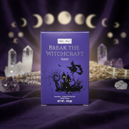 Capture a high-resolution studio shot of the 'Break the Witchcraft Soap by Ohli~Way', 100g, positioned on a dark velvet drape backdrop that exudes mystical depth. Use a softbox for diffused daylight illumination, highlighting the soap’s textured, handcraft